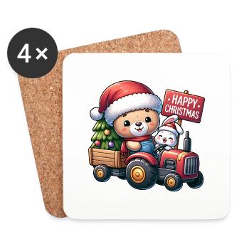 Christmas teddy bear and cute bunny in tractor - Coasters (set of 4) - white - Front