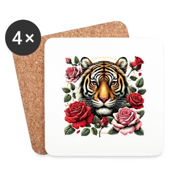 Tigre et roses - Dessous de verre (lot de 4) - blanc - Devant