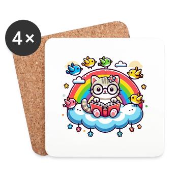 Cat reading a book on a cloud - Coasters (set of 4) - white - Front
