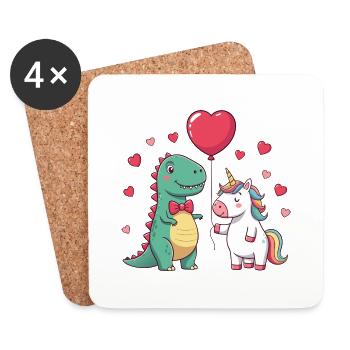 Cute Dino & Unicorn Valentine's T-Shirt - Coasters (set of 4) - white - Front