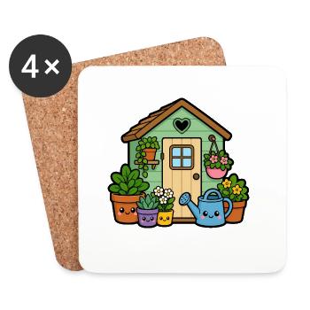 Kleines Gartenhäuschen mit Pflanzen - Untersetzer (4er-Set) - Weiß - Vorne
