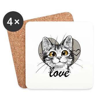 chat coeur - Dessous de verre (lot de 4) - blanc - Devant