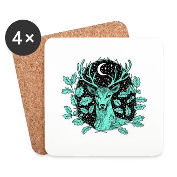 Cerf dans la forêt avec lune et étoiles par Nikki-Luka - Dessous de verre (lot de 4) - blanc - Devant