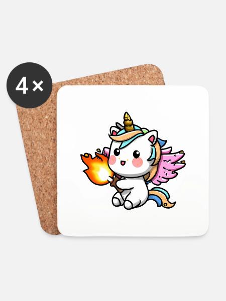 00223 süßes Einhorn mit Flügel spielt mit Feuer - Untersetzer (4er-Set) - Weiß