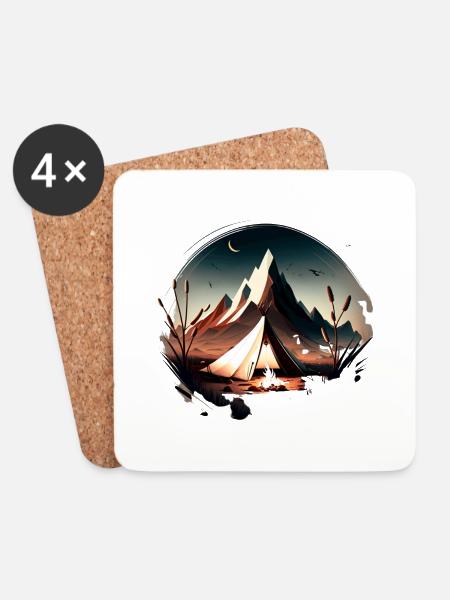 Tent in the mountains with campfire - Coasters (set of 4) - white
