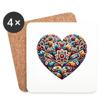 Blaues und rosafarbenes Blumenherz, inspiriert von russischer Kunst - Untersetzer (4er-Set) - Weiß - Vorne
