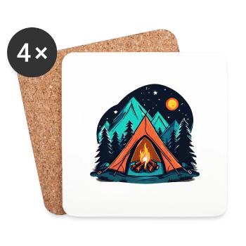 Camping, Zelt und Lagerfeuer - Untersetzer (4er-Set) - Weiß - Vorne