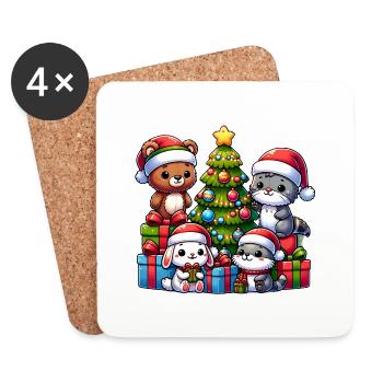 Teddy, Otter, Rabbit with Christmas Tree - Coasters (set of 4) - white - Front