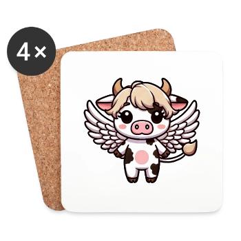 Cute Chibi Cow Angel Cartoon Wings - Coasters (set of 4) - white - Front