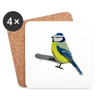 Blue Skateboard Bird Skating Funny Animal - Coasters (set of 4) - white - Front