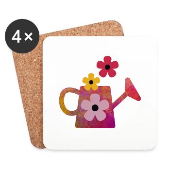 Rote Gießkanne mit Blumen - Untersetzer (4er-Set) - Weiß - Vorne