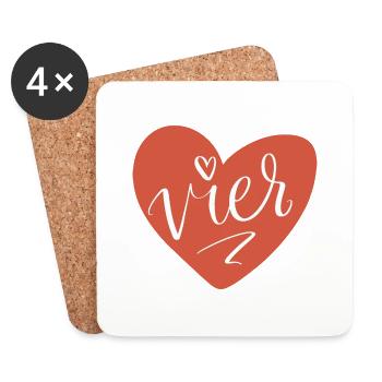 Vier im roten Herz - 4. Geburtstag 4. Jahrestag - Untersetzer (4er-Set) - Weiß - Vorne