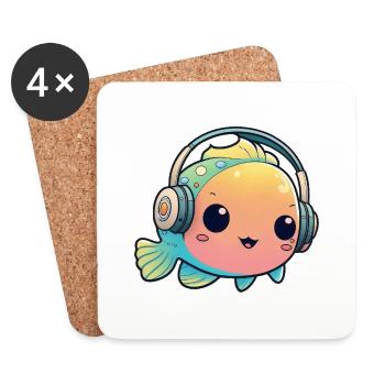 Kawaii Cute Happy Colorful Fish avec des écouteurs - Dessous de verre (lot de 4) - blanc - Devant