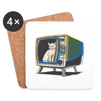 Retro-Katze im Fernsehen - Untersetzer (4er-Set) - Weiß - Vorne