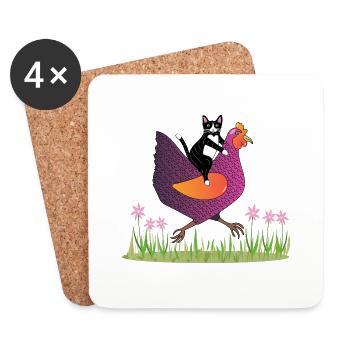 Hen Rider - Katze auf Huhn - Geschenkidee - Untersetzer (4er-Set) - Weiß - Vorne