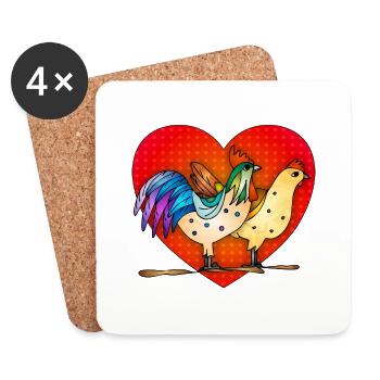 Coq et poule - Dessous de verre (lot de 4) - blanc - Devant