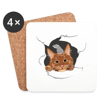 Katze und graue Maus lugen durch eine kaputte Wand - Untersetzer (4er-Set) - Weiß - Vorne