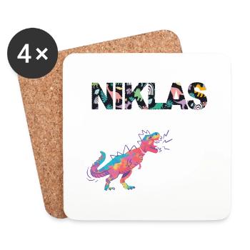 NIKLAS - Schöner Jungen Name mit Dinosaurier - Untersetzer (4er-Set) - Weiß - Vorne