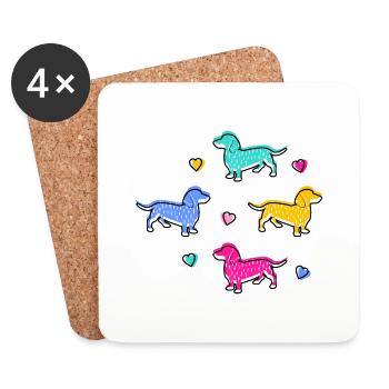 BUNTE DACKEL, DACHSHUND MIT HERZEN - Untersetzer (4er-Set) - Weiß - Vorne