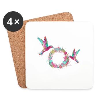 colibri, couronne, couronne de fleurs, coloré, peinture - Dessous de verre (lot de 4) - blanc - Devant