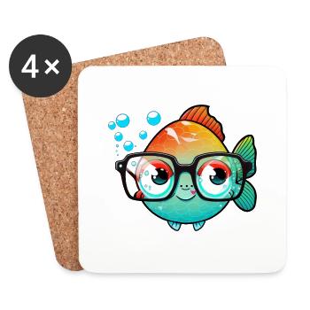 Kawaii Cute Happy Colorful Fish with Sunglasses - Coasters (set of 4) - white - Front