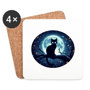 Cat sitting on a branch at full moon - Coasters (set of 4) - white - Front