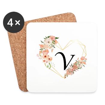 Buchstabe V Florales Goldenes Herz - Untersetzer (4er-Set) - Weiß - Vorne