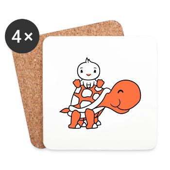 Duck Riding Sitting Giant Turtle 2 Friends - Coasters (set of 4) - white - Front