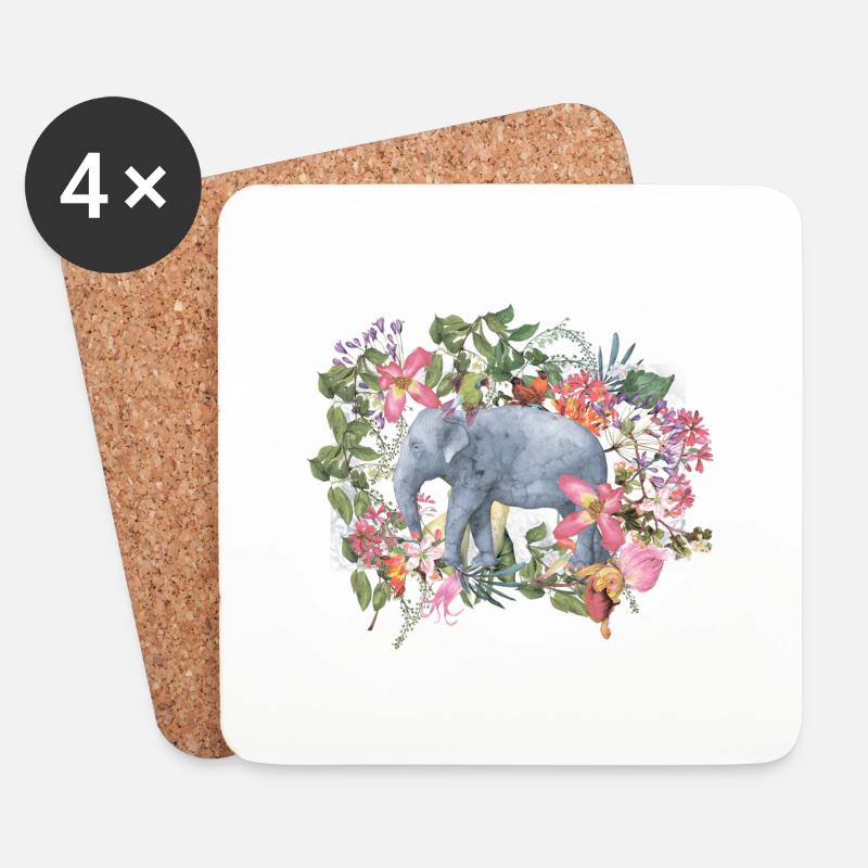 Elefant im Blütendschungel - Untersetzer (4er-Set) - Weiß