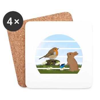 Rotkehlchen Vogel Kaninchen Ostern Frühling - Untersetzer (4er-Set) - Weiß - Vorne