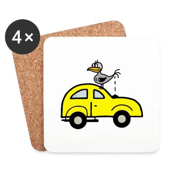 Caca d’oiseau sur la voiture - Humour Satire - Dessous de verre (lot de 4) - blanc - Devant