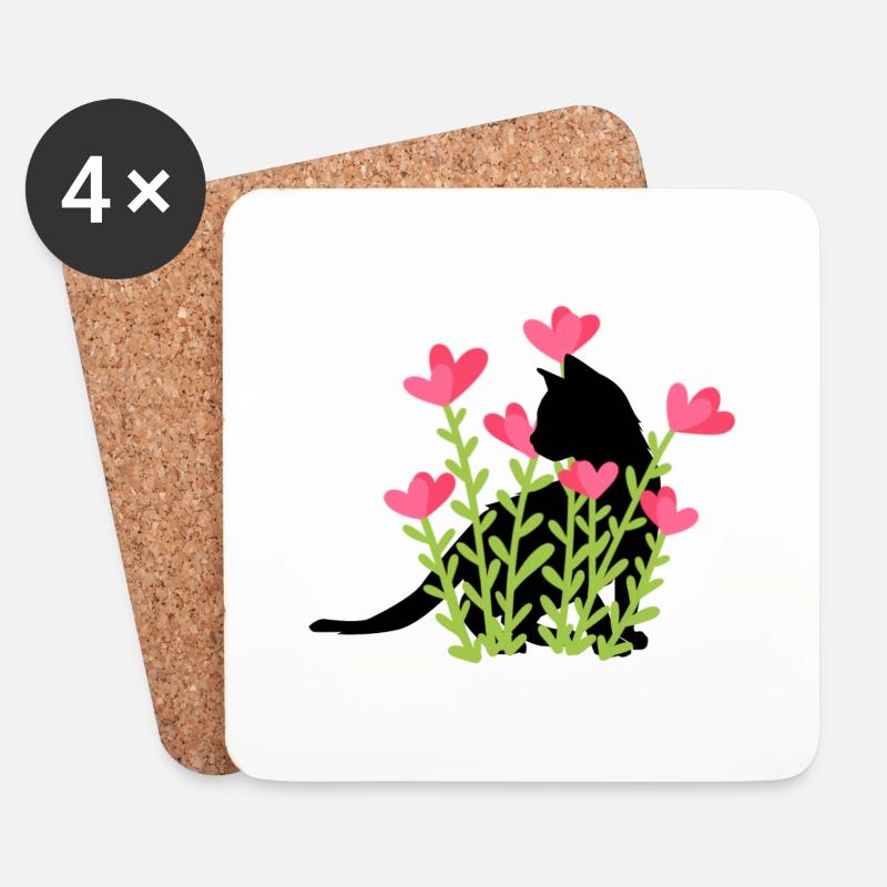 Frühlingsdesign - schwarze Katze im Blumenbeet - Untersetzer (4er-Set) - Weiß
