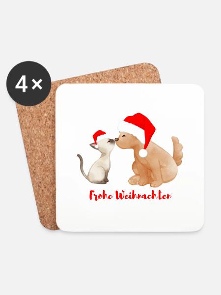 Hund und Katze - Frohe Weihnachten - Untersetzer (4er-Set) - Weiß