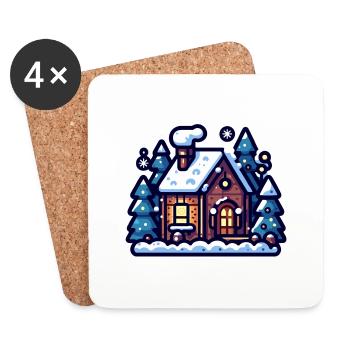Cabane d’hiver confortable : Illustration de vacances festives - Dessous de verre (lot de 4) - blanc - Devant