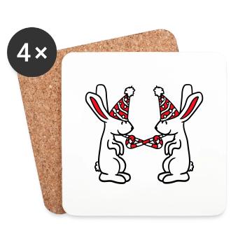 2 lapins anniversaire équipe cadeau crapaud chapeau de fête - Dessous de verre (lot de 4) - blanc - Devant