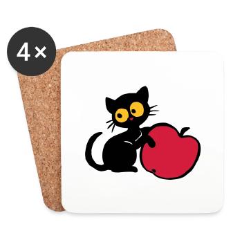 Chaton avec pomme - Dessous de verre (lot de 4) - blanc - Devant