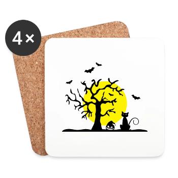 Halloween - Katze und Baum - Untersetzer (4er-Set) - Weiß - Vorne