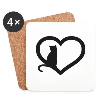 Silhouette de chat avec un cœur - Dessous de verre (lot de 4) - blanc - Devant