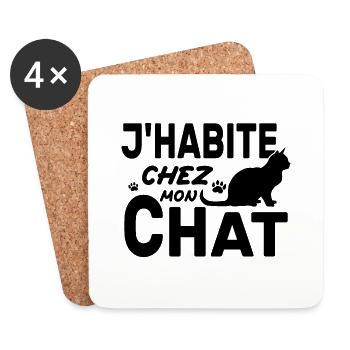 J'habite Chez Mon Chat Cadeau Humour - Dessous de verre (lot de 4) - blanc - Devant