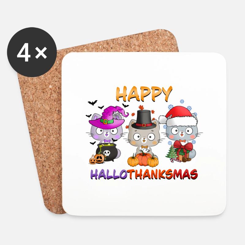 Happy Hallothanksmas Funny Cat Lover - Untersetzer (4er-Set) - Weiß