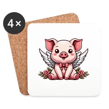 Mignon Cochon Ange Roses Dessin Animé Ailes - Dessous de verre (lot de 4) - blanc - Devant