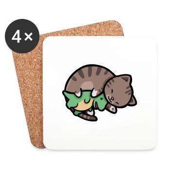 hugadino Katze mit Dino, süßer Dinosaurier, T-Rex - Untersetzer (4er-Set) - Weiß - Vorne