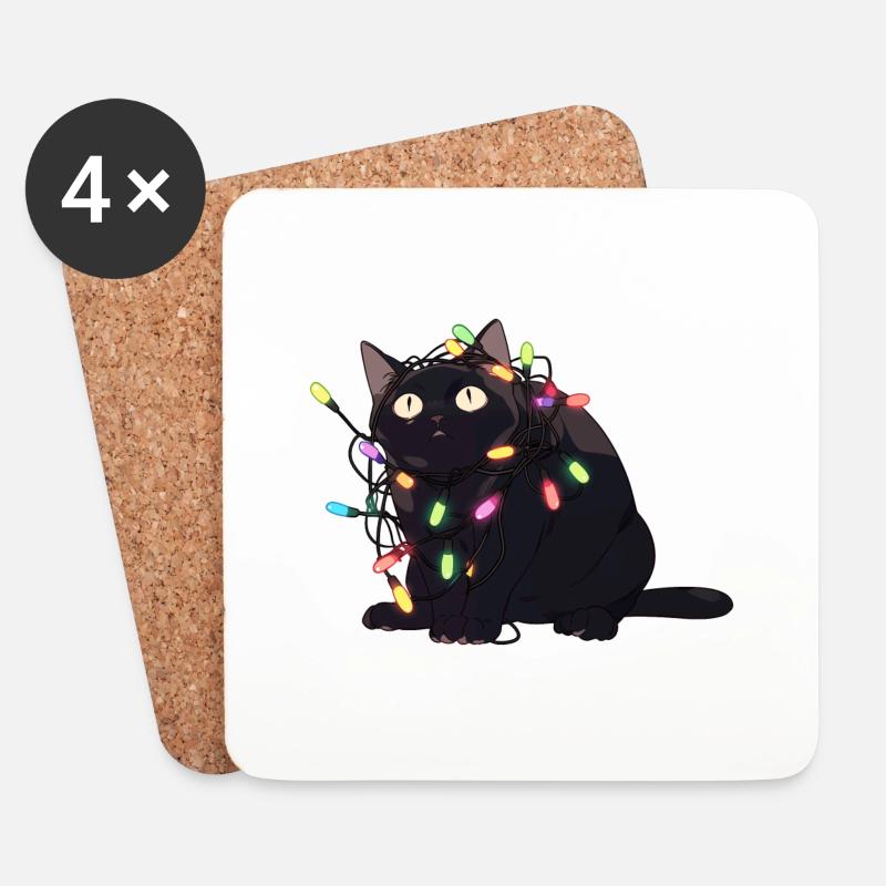 Weihnachts-Katze in der Lichterkette - Untersetzer (4er-Set) - Weiß