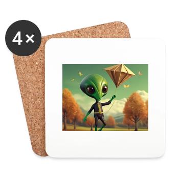 niedlich klein grün retro vintage alien fliegen einen drachen fliegen - Untersetzer (4er-Set) - Weiß - Vorne
