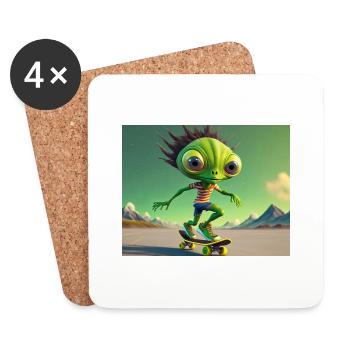 cute little green retro alien Skateboarding - Coasters (set of 4) - white - Front