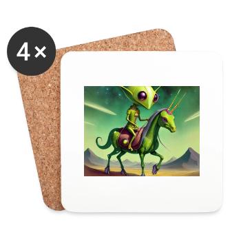 mignon petit extraterrestre vintage vert chevauchant un cheval - Dessous de verre (lot de 4) - blanc - Devant