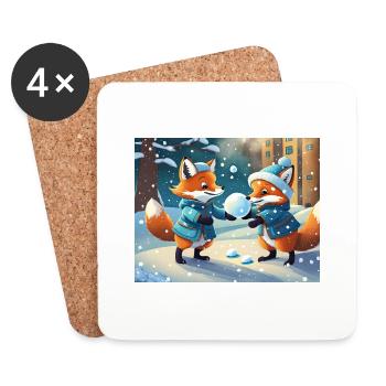 mignon petit renard démon vie quotidienne - jouer à la neige - Dessous de verre (lot de 4) - blanc - Devant