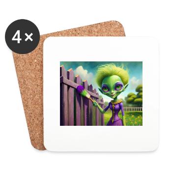 mignon petit vert rétro vintage alien peinture - Dessous de verre (lot de 4) - blanc - Devant