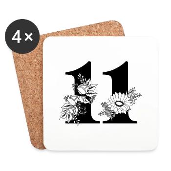 Nummer 11 Schwarze Blumen -11. Geburtstag Blumen - Untersetzer (4er-Set) - Weiß - Vorne