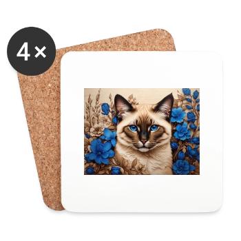 chat fleurs bleues - Dessous de verre (lot de 4) - blanc - Devant